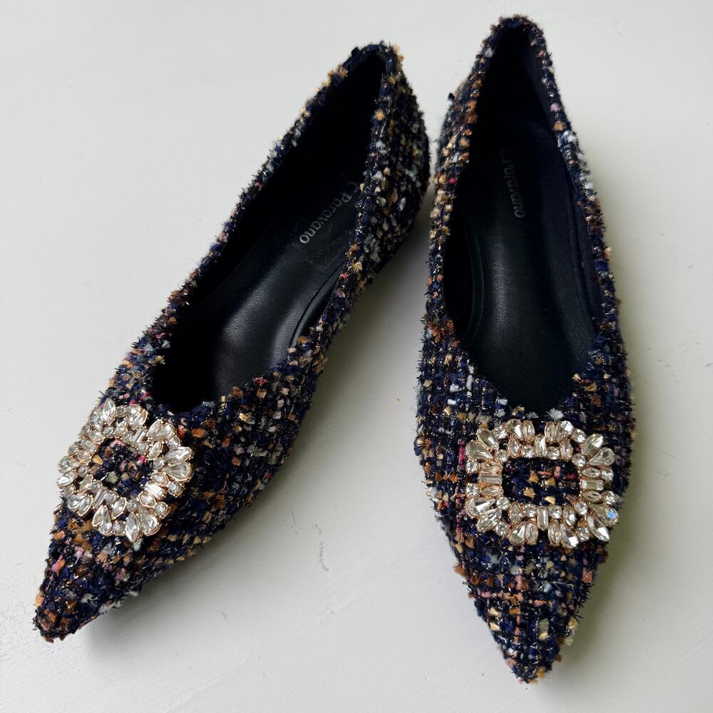 C.Paravano Tweed Pointed Toe Flats Crystal Buckle Embellished Women Sz 39 (8 US)